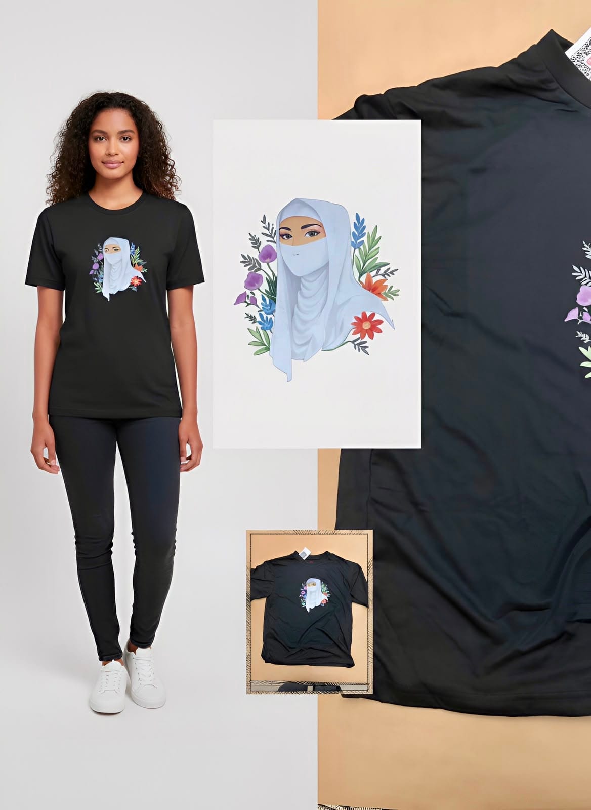 Floral Hijabi Illustration – Oversized Cotton Tee - Image 2