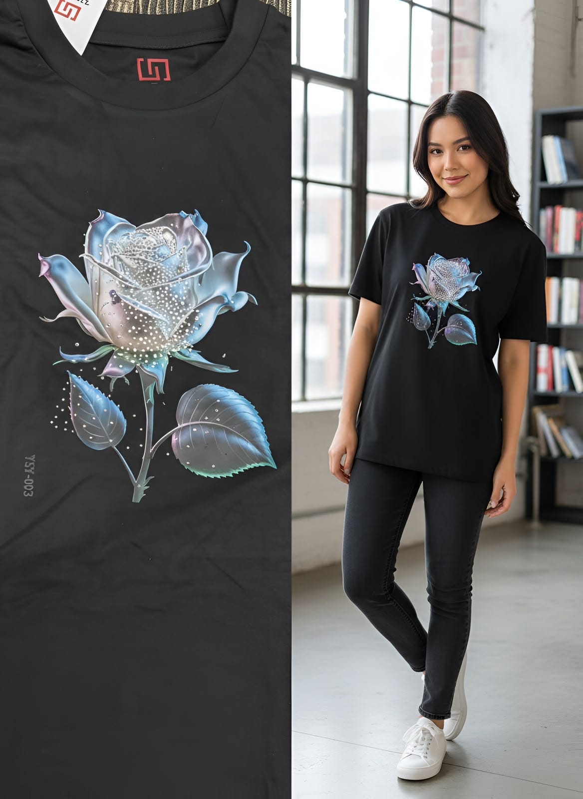 Oversized Cotton Tee with Holographic Print - Image 3